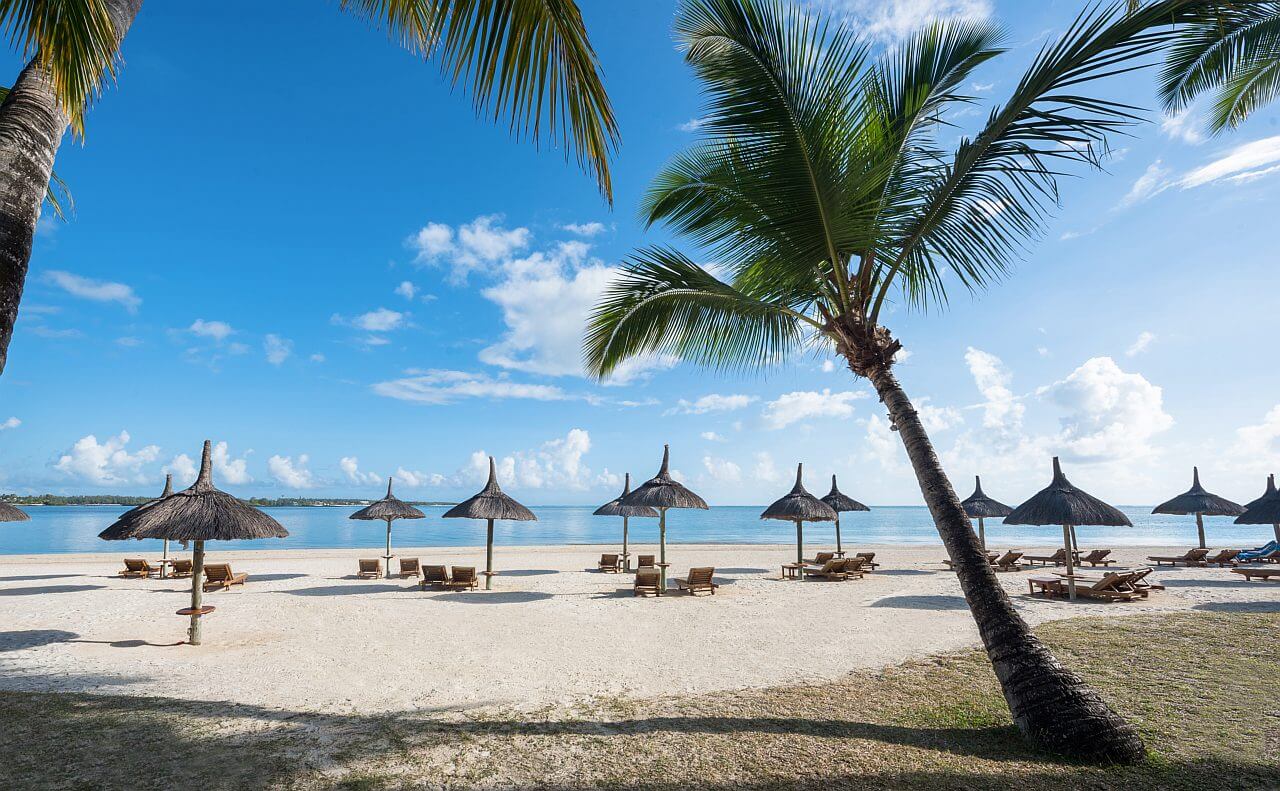 Strand mit Liegen und Schirmen