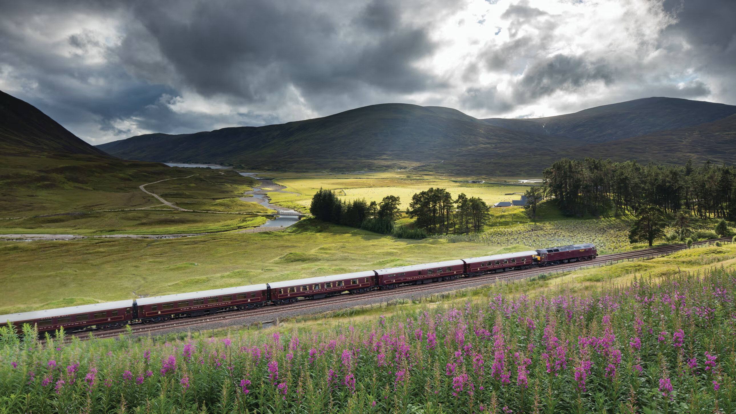 Royal Scotsman Train Scottland Familienluxusreisen TheFamilyProject blumige Landschaft