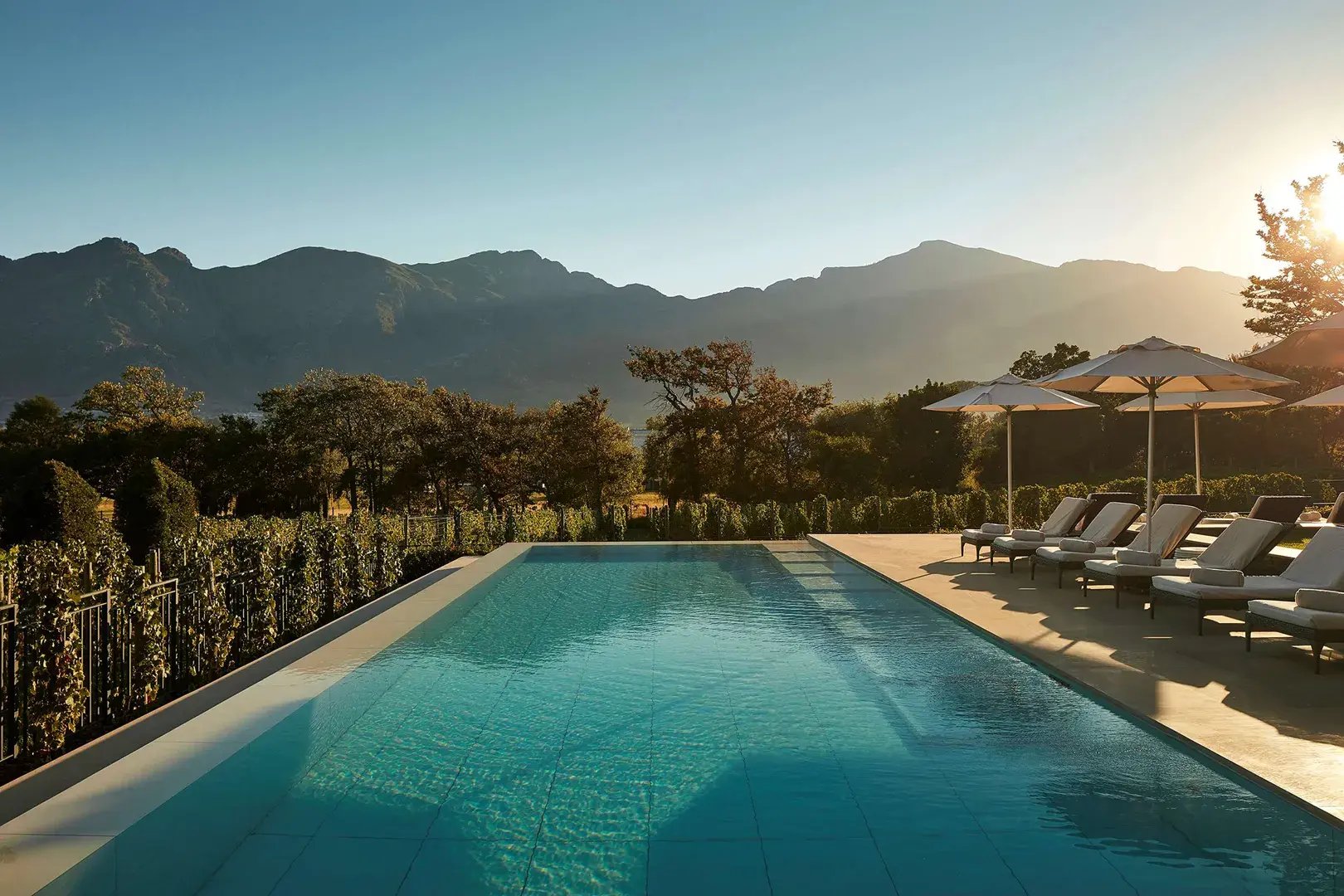 leeu estates franschhoek sudafrika afrika swimming pool liegen landschaft aussicht exklusiv kopie