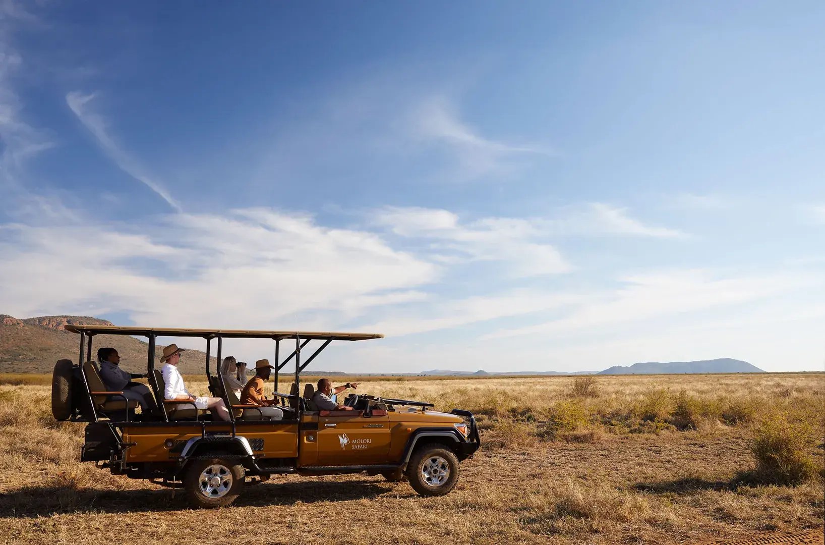 Touristen sind in einem Jeep auf Safari, der Guide zeigt auf etwas.