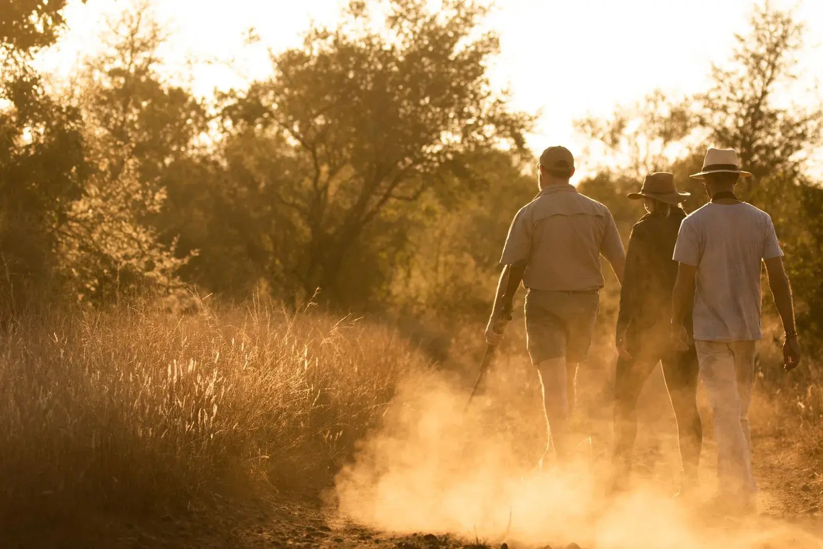 Ein Ranger mit Gewehr geht mit zwei Touristen in der Morgensonne auf einen Bushwalk.