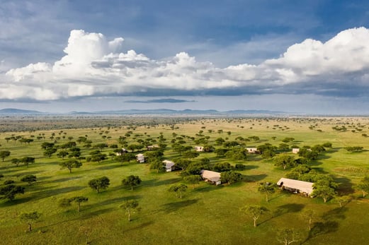 Luftaufnahme der Serengeti, ein Safari Camp wirkt geradezu klein in der Landschaft.