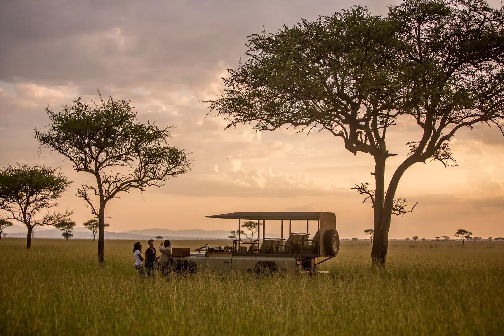 Safarigäste stehen stehen im Morgengrauen neben dem Jeep in der Serengeti.