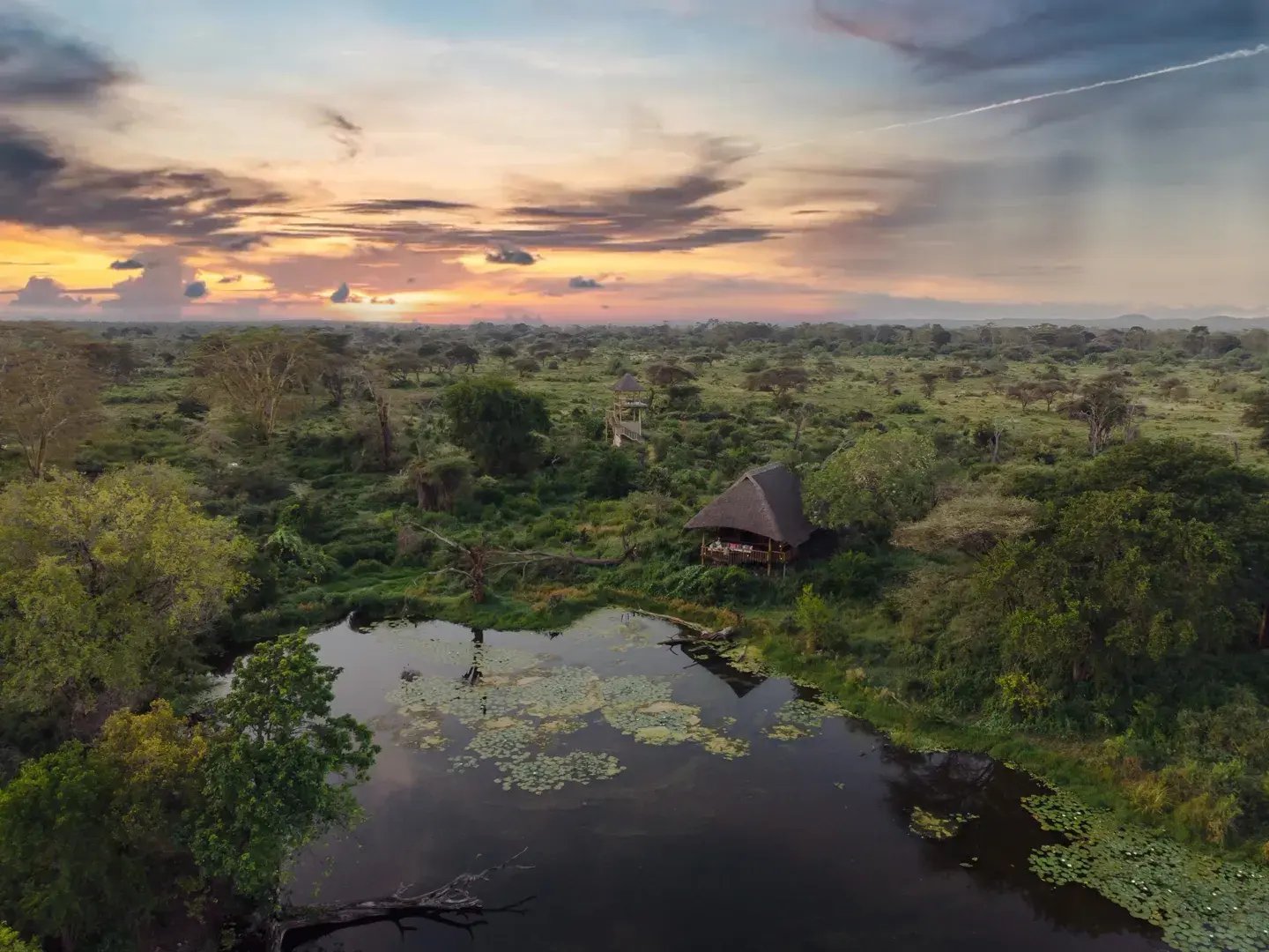 Finch Hattons Luxury Camp aus der Vogelperspektive mit See und üppiger Vegetation.